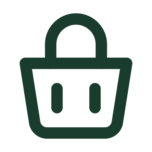A dark green icon of a shopping basket against a white background.