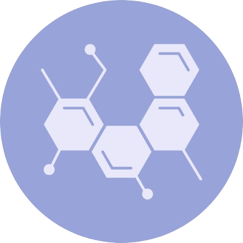 Abstract hexagonal chemical structure on a purple circle background.