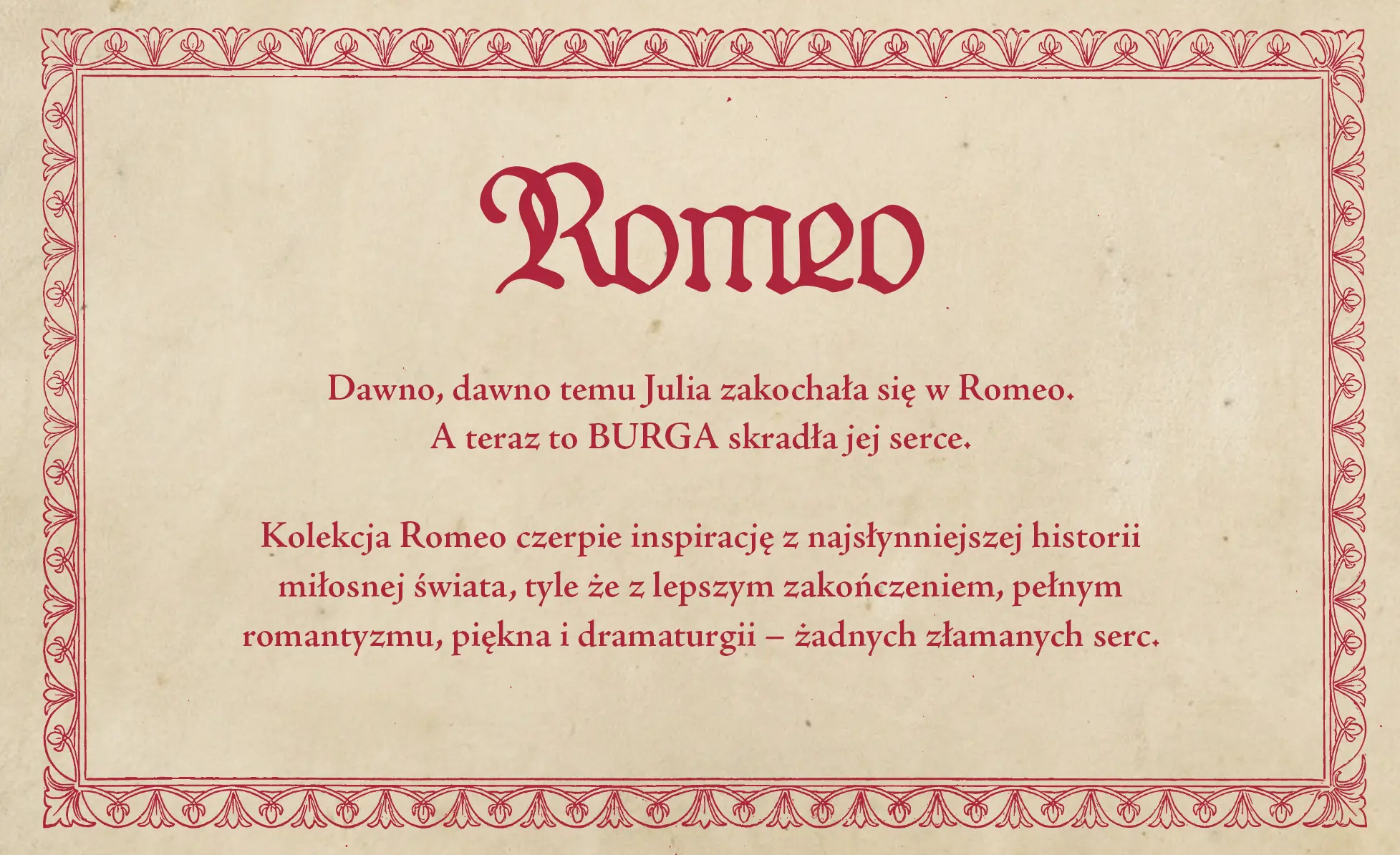 The word 'Romeo' in a stylized red font above several lines of text, with a decorative red border.