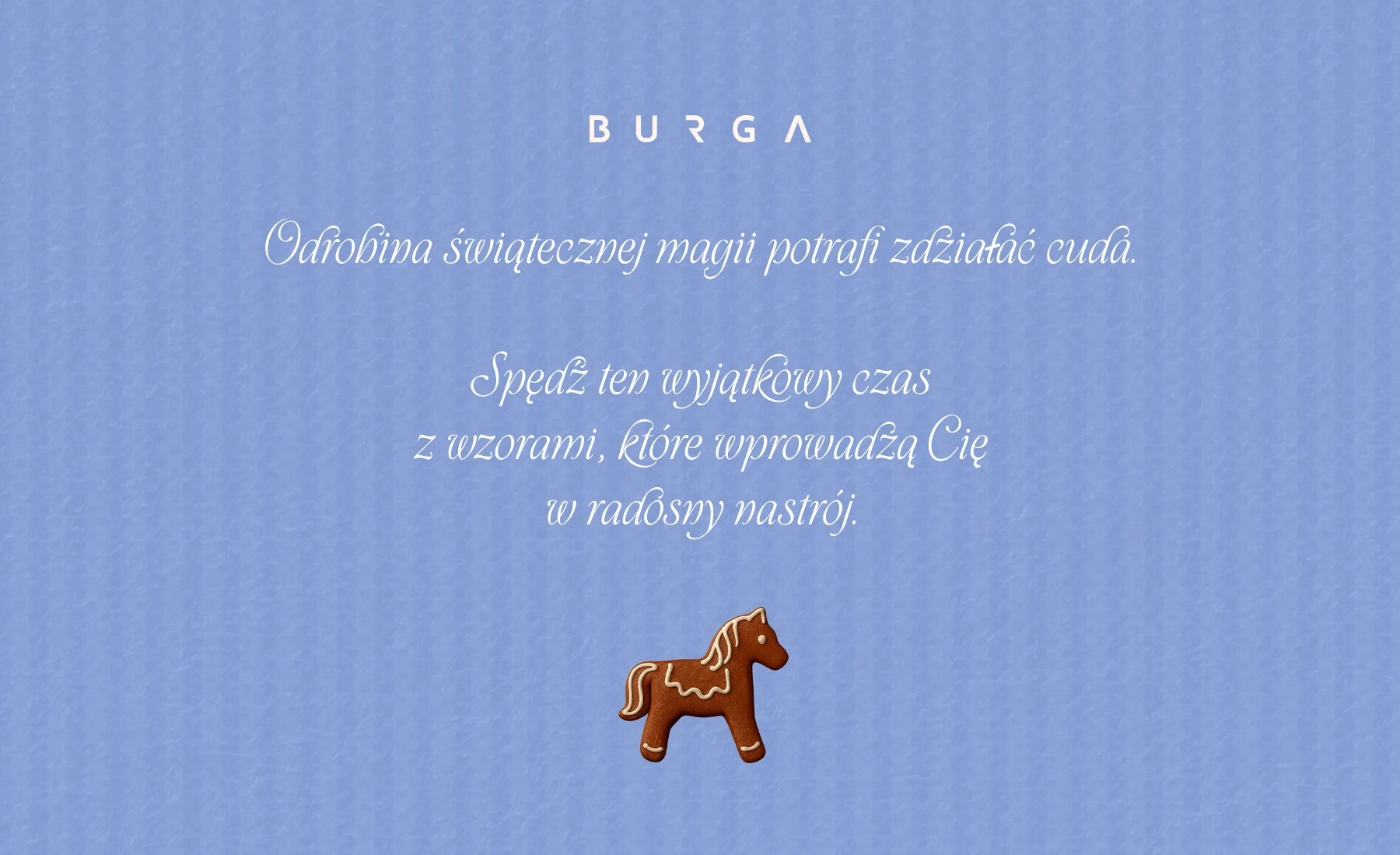 A gingerbread horse cookie on a blue textured background with Polish text and the Burga logo.