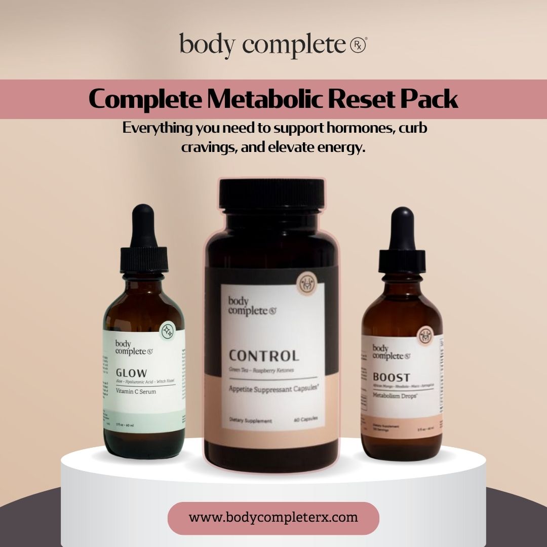 Three bottles of health supplements labeled Glow, Control, and Boost.