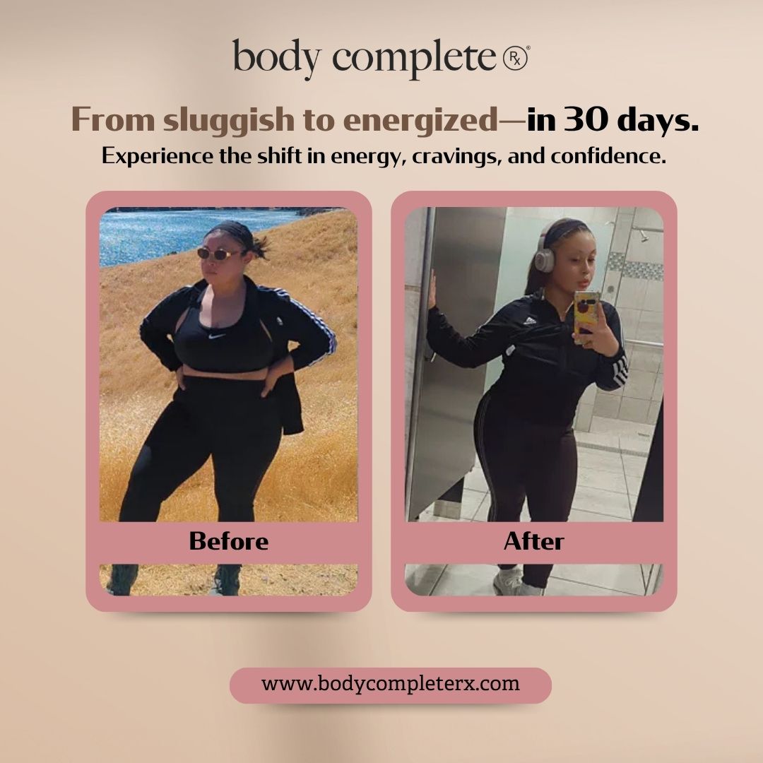 Side-by-side before and after photos showcasing a woman's transformation.