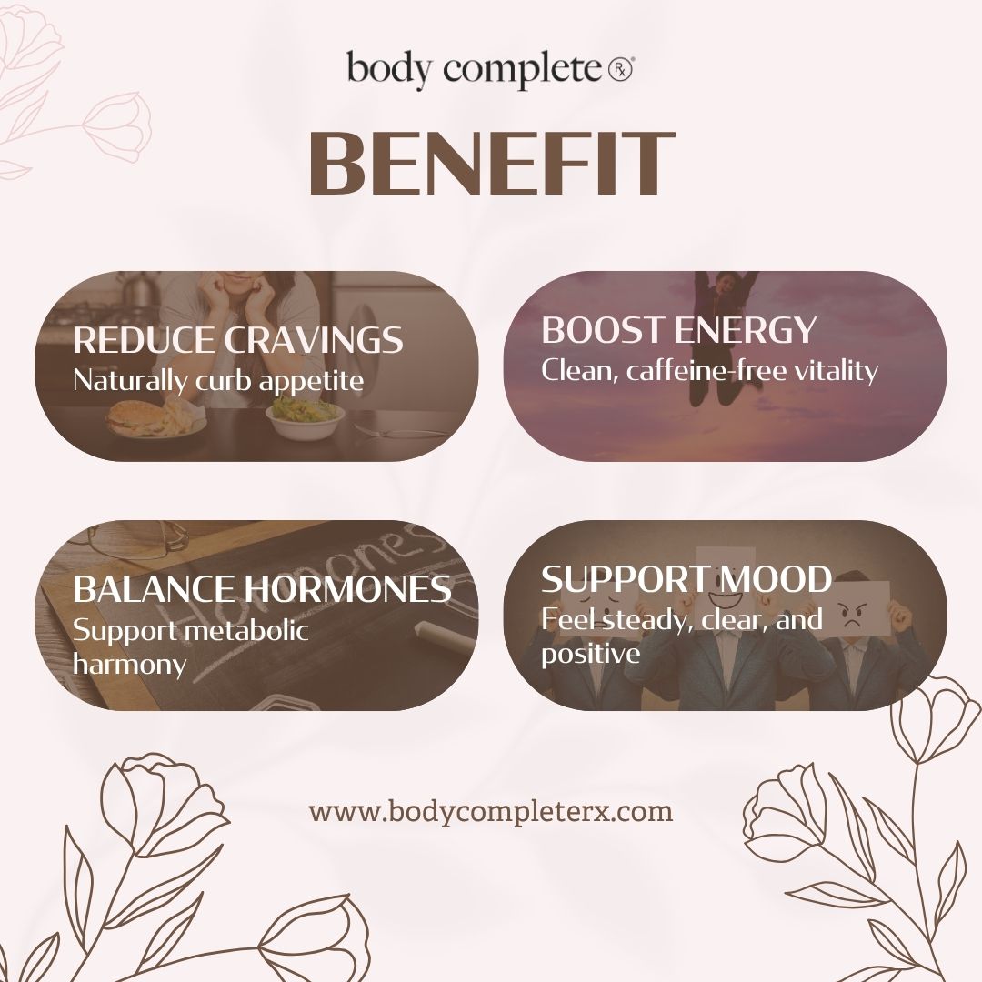 Benefits of Body Complete RX: reduce cravings, boost energy, balance hormones, support mood.
