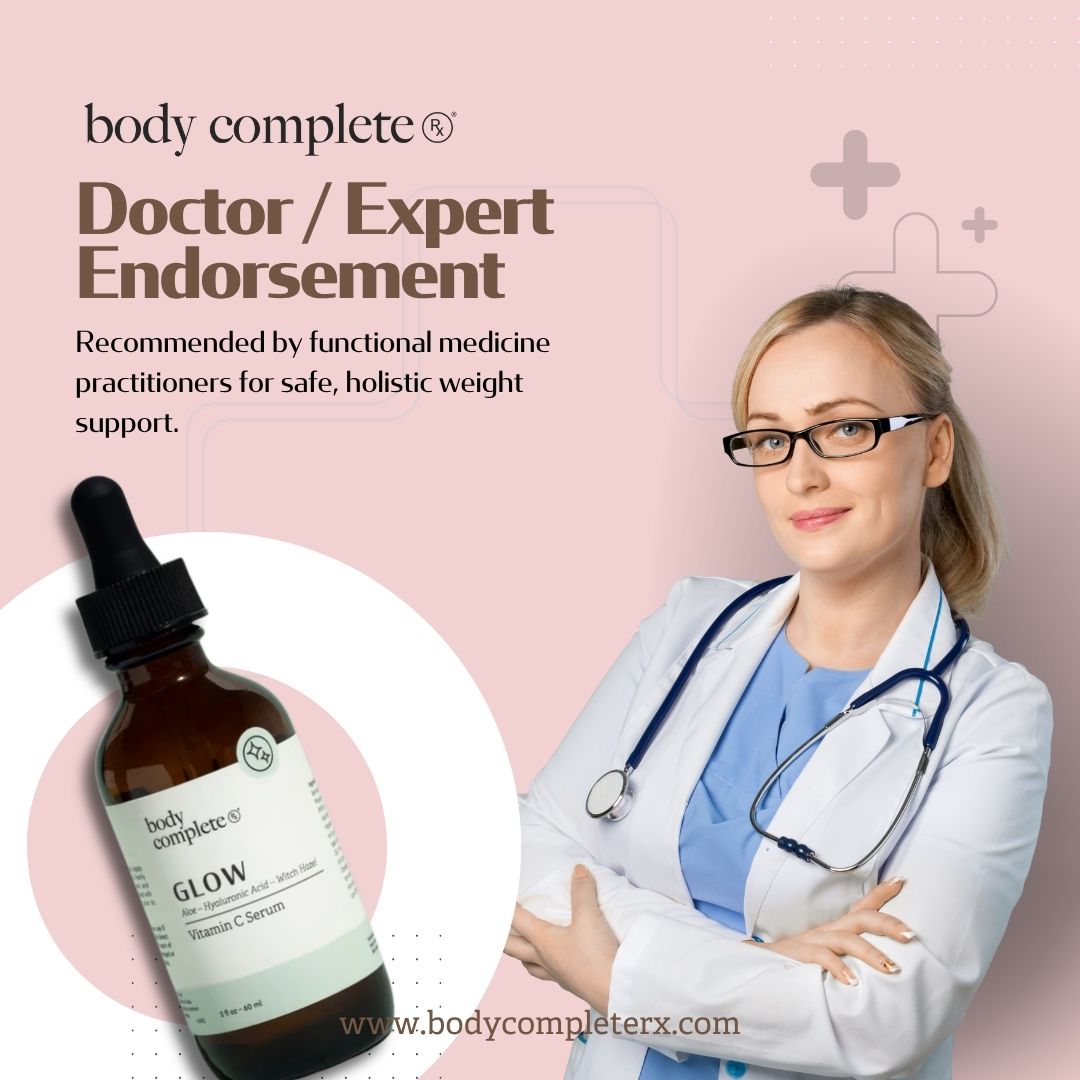 A doctor next to a serum bottle labeled 'Glow' on a pink background.