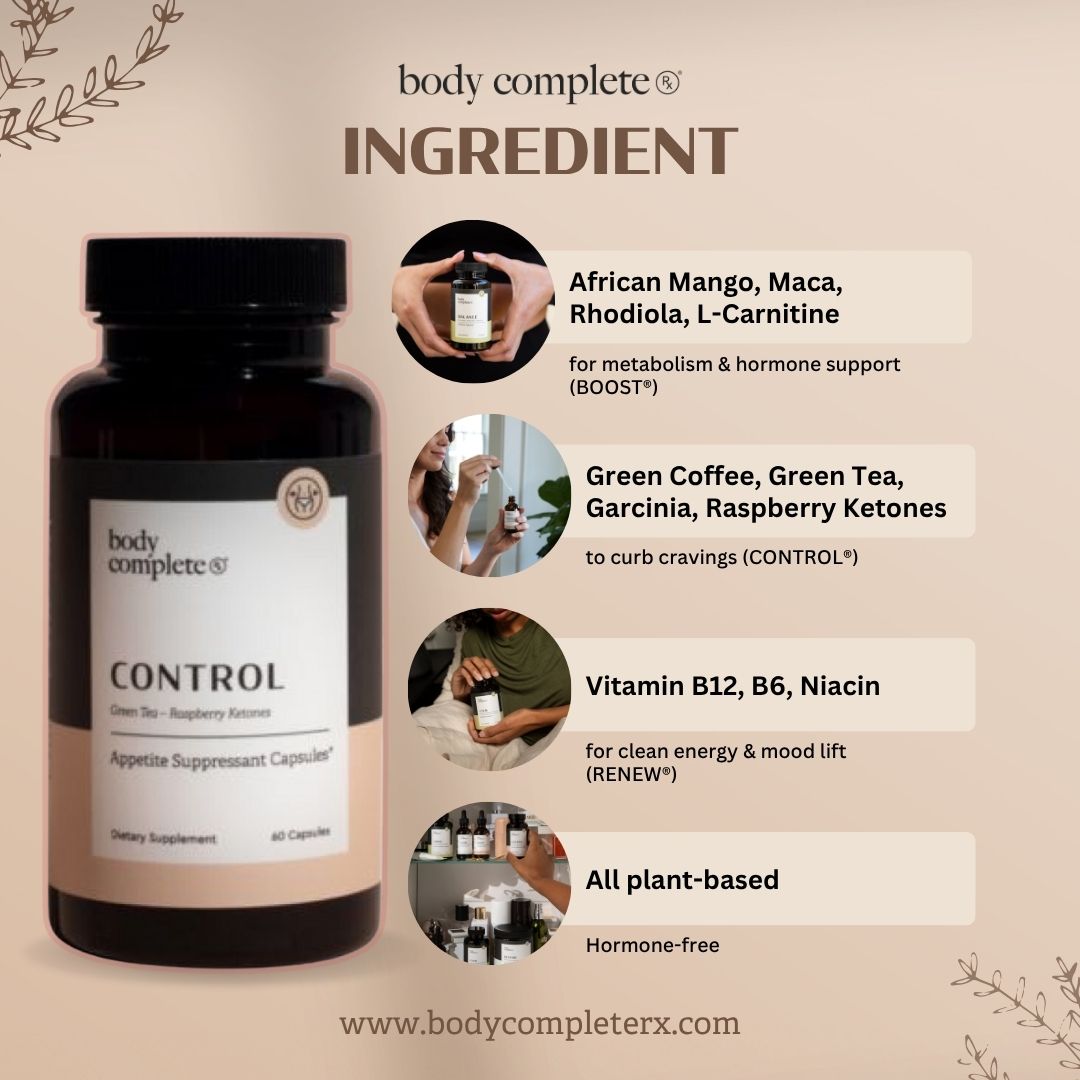 Bottle labeled 'Control' with ingredient benefits and plant motifs on beige background.