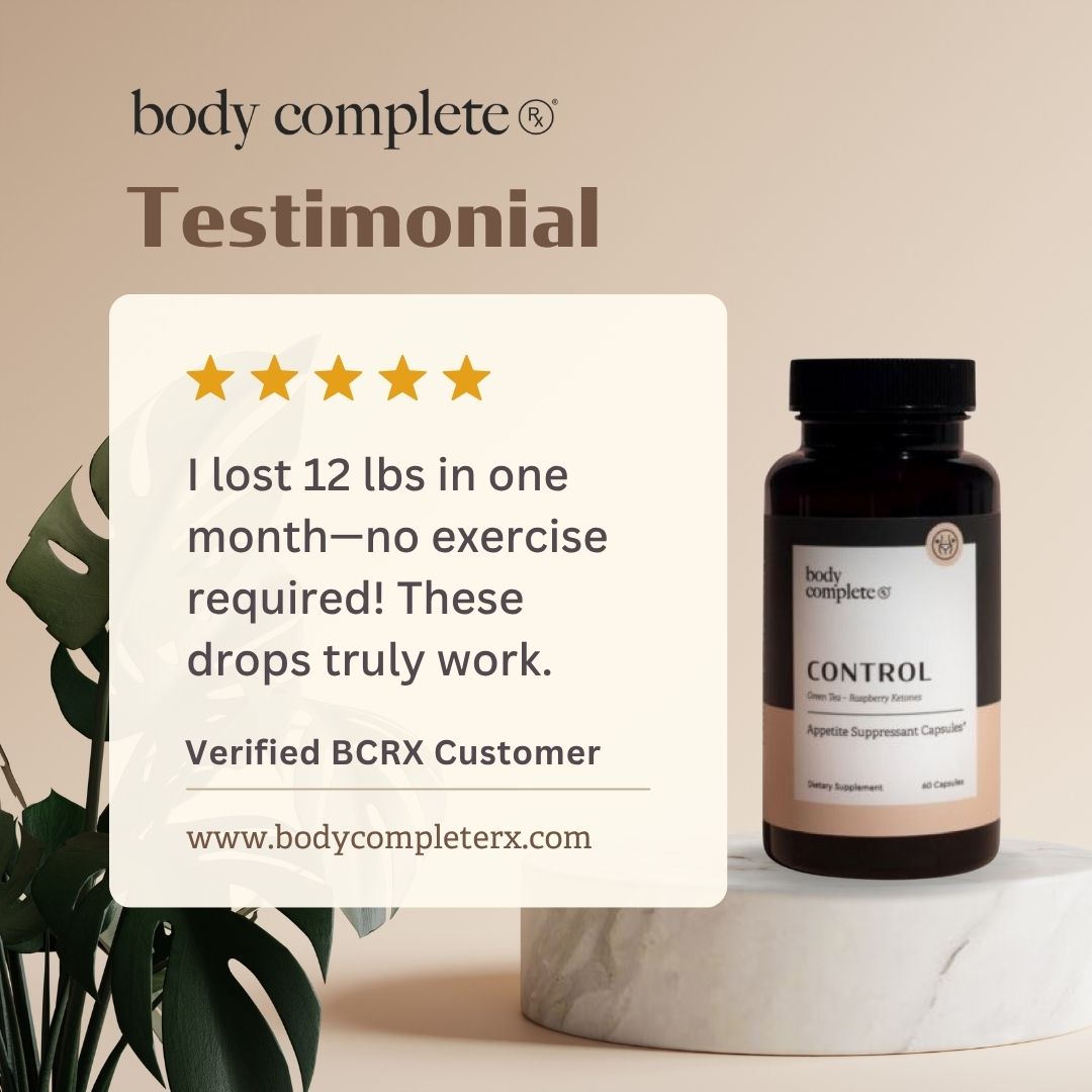Supplement bottle with testimonial about weight loss and plant in the background.
