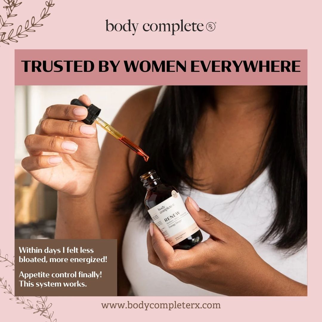 Woman using a dropper with a body complete product bottle.