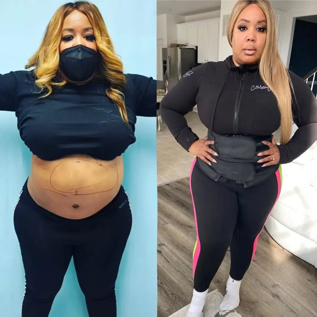 Two images of a woman in black athletic wear, before and after transformation.