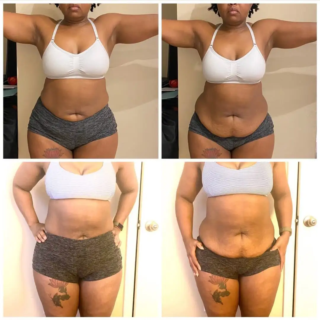 Four images showing a person in workout attire from different angles.