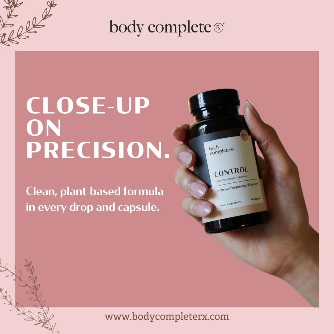 Hand holding a bottle labeled 'Control' against a pink background with text about plant-based capsules.