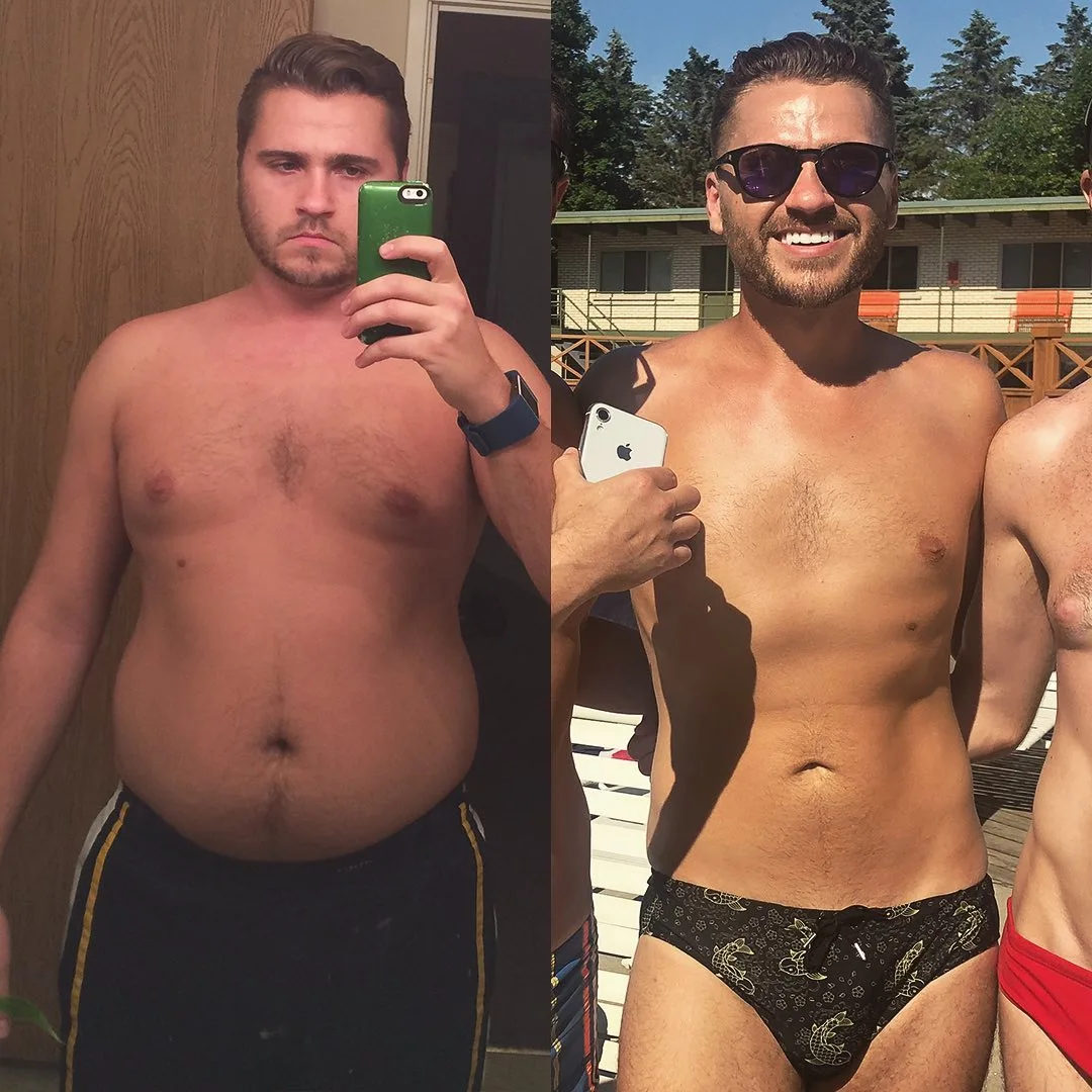 Side-by-side comparison of a man before and after weight loss.