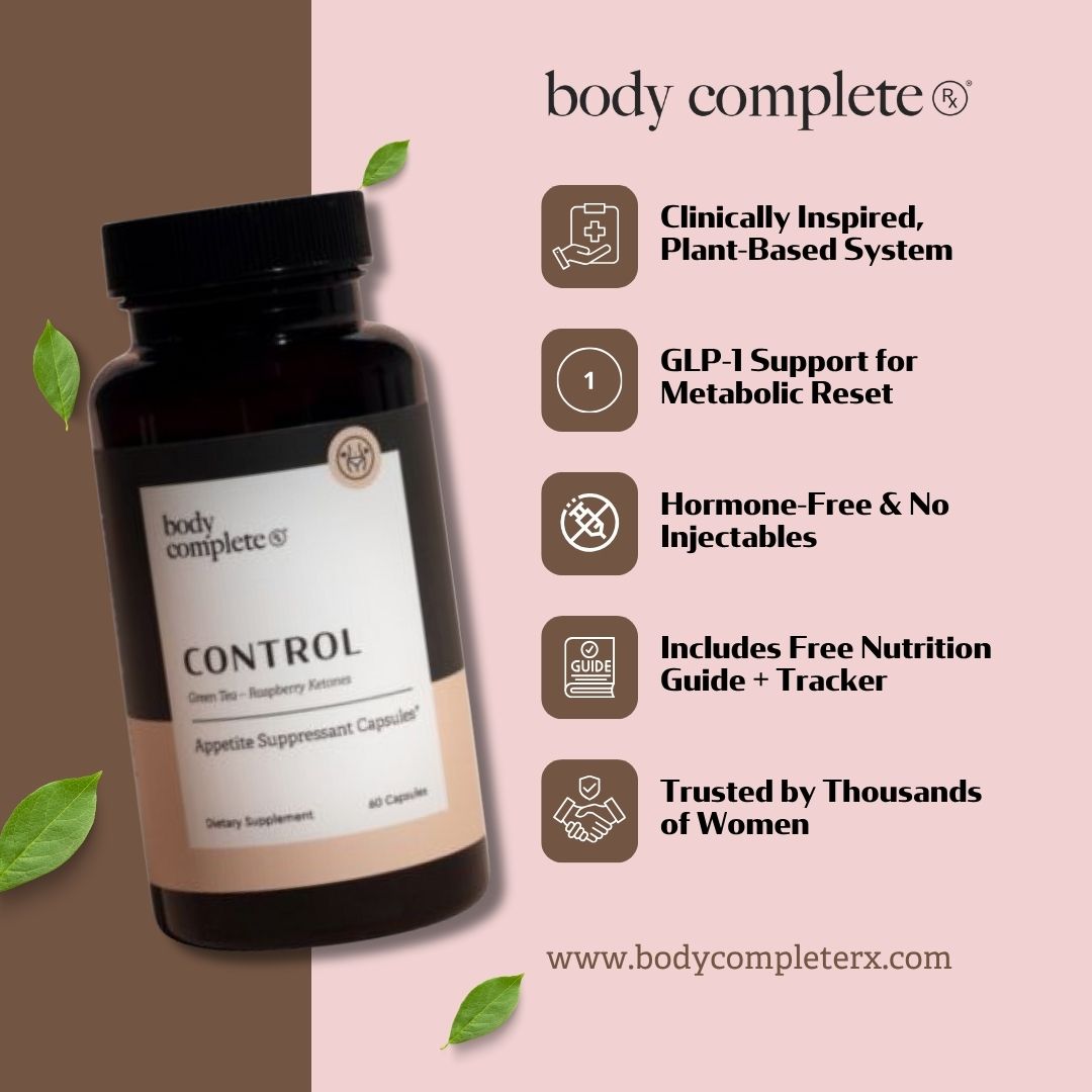 Body Complete RX supplement bottle with list of features related to health benefits.