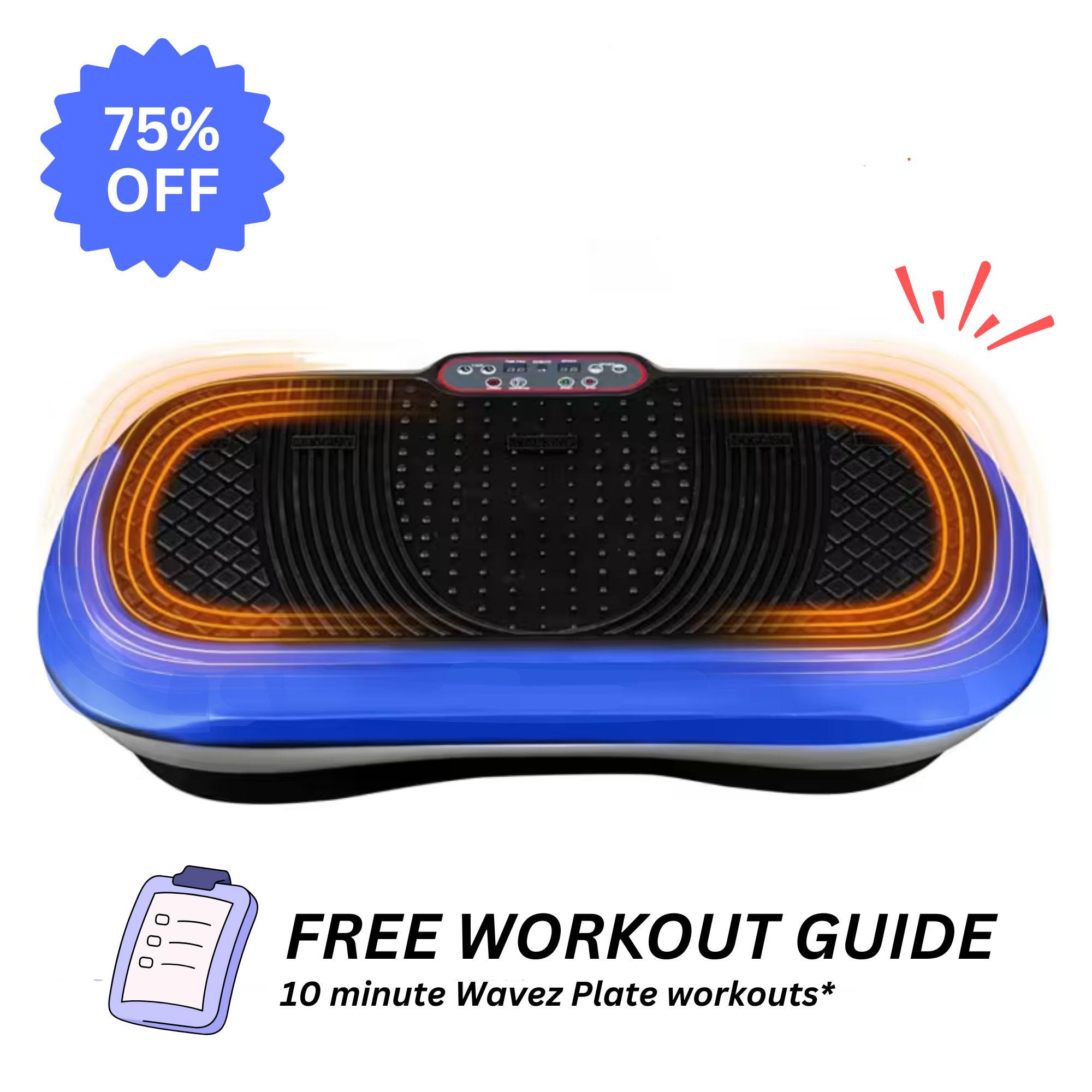 Vibration plate with 75% off label and free workout guide offer.