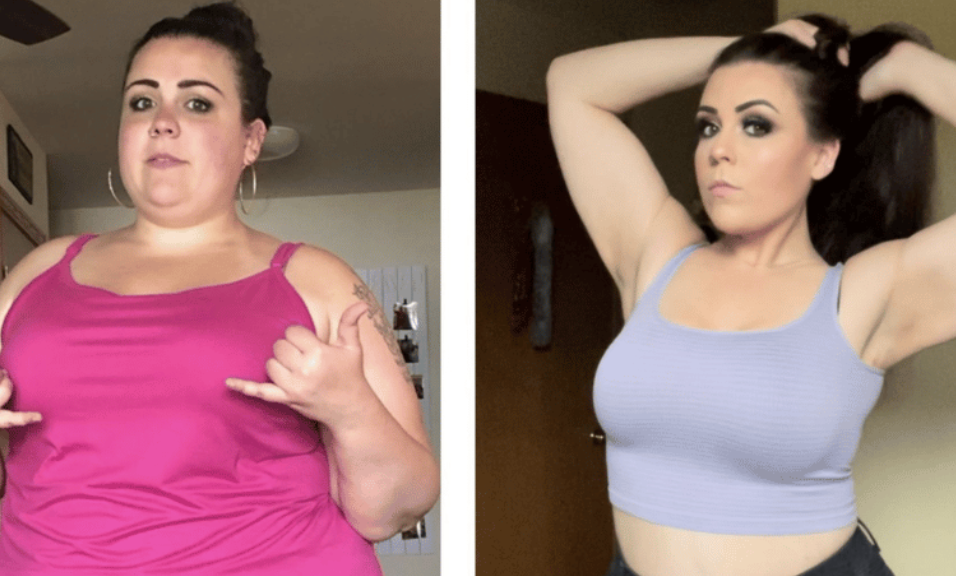 Side-by-side comparison of a woman in pink and lavender tops.