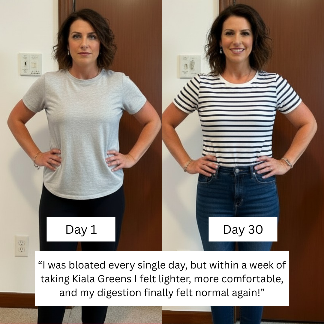 Two side-by-side photos of a woman, labeled Day 1 and Day 30.