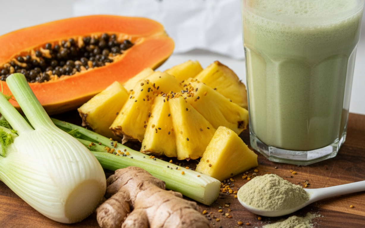 Papaya, pineapple, fennel, ginger, and a green smoothie on a wooden board.