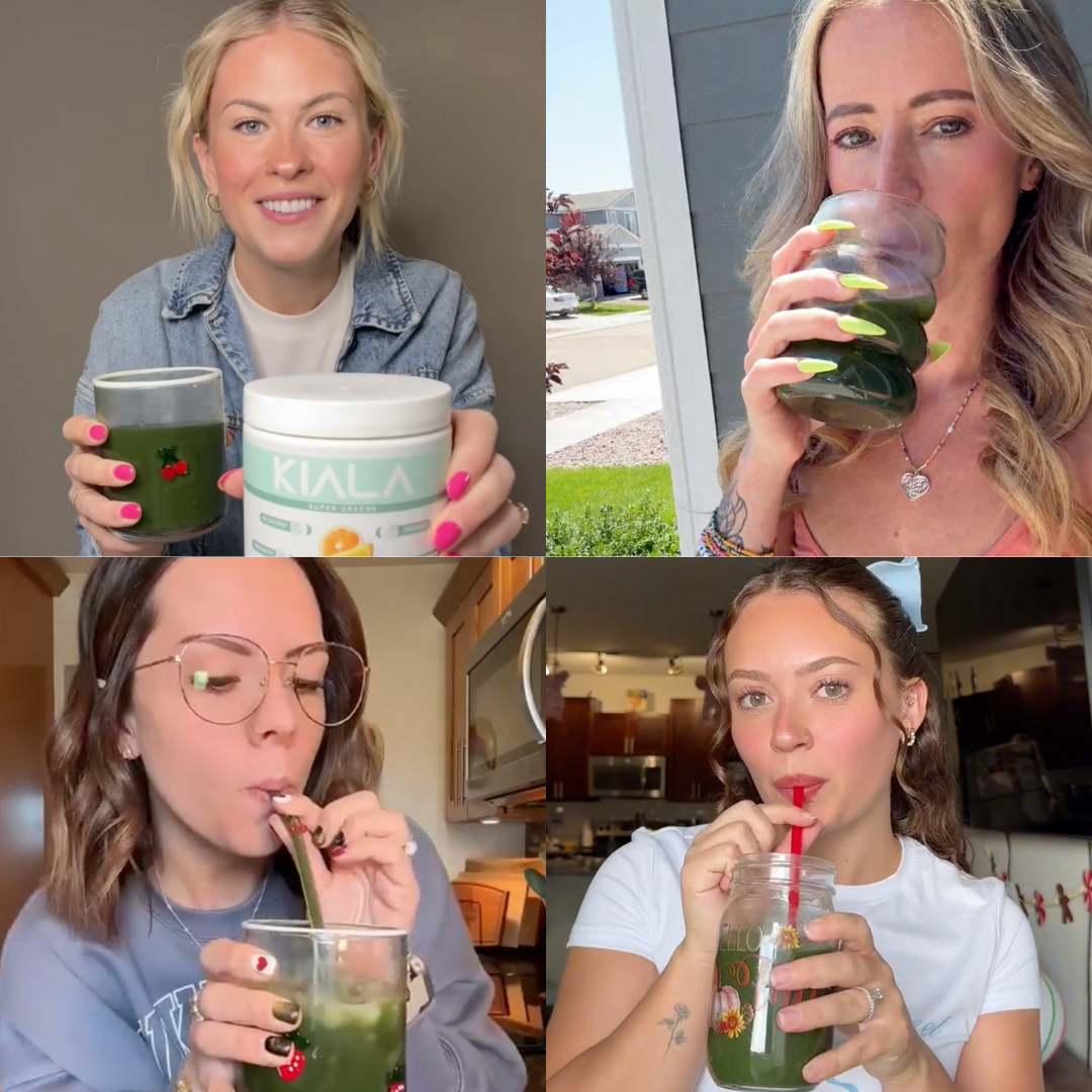 Collage of four people drinking green beverages indoors and outdoors.