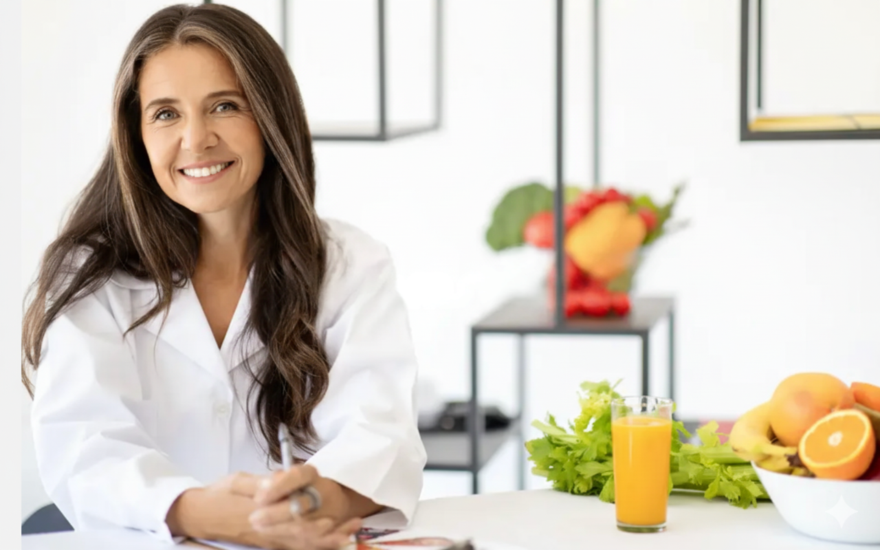 Smiling woman in white coat with fruits and orange juice on table.