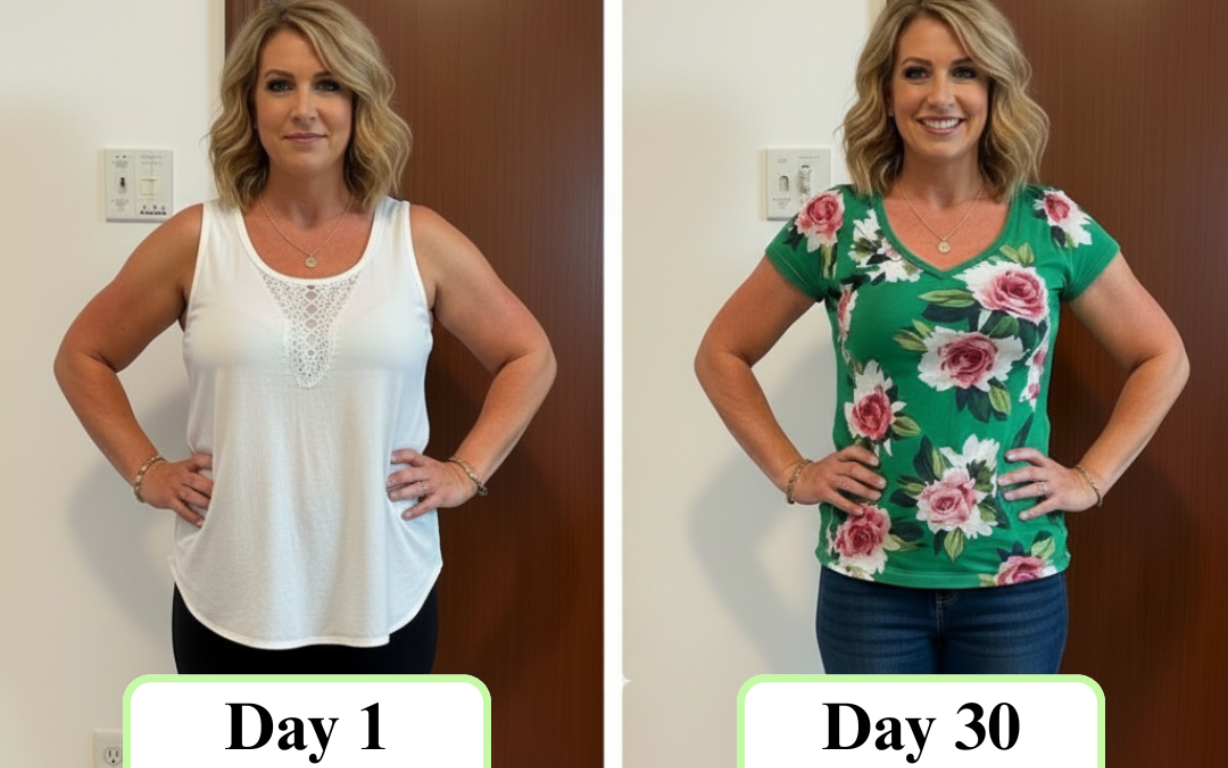 Two side-by-side portraits of a woman labeled Day 1 and Day 30.