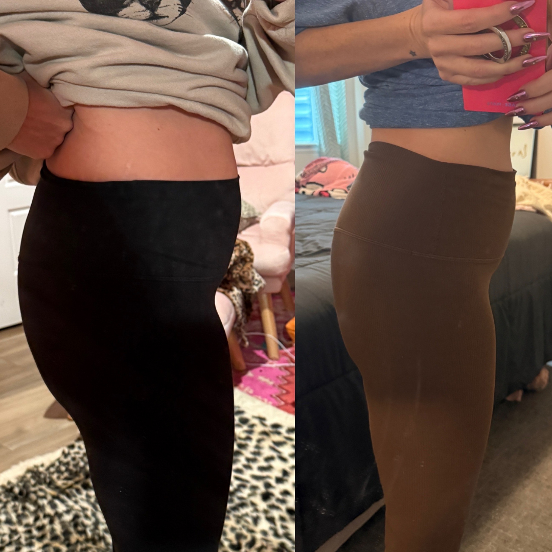 Side-by-side comparison of two people in leggings indoors.