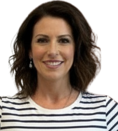 A woman with dark hair wearing a striped shirt, smiling at the camera.