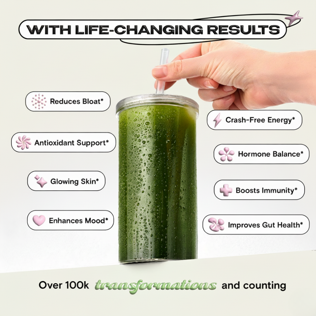 Hand holding a green smoothie with health benefits listed around it.