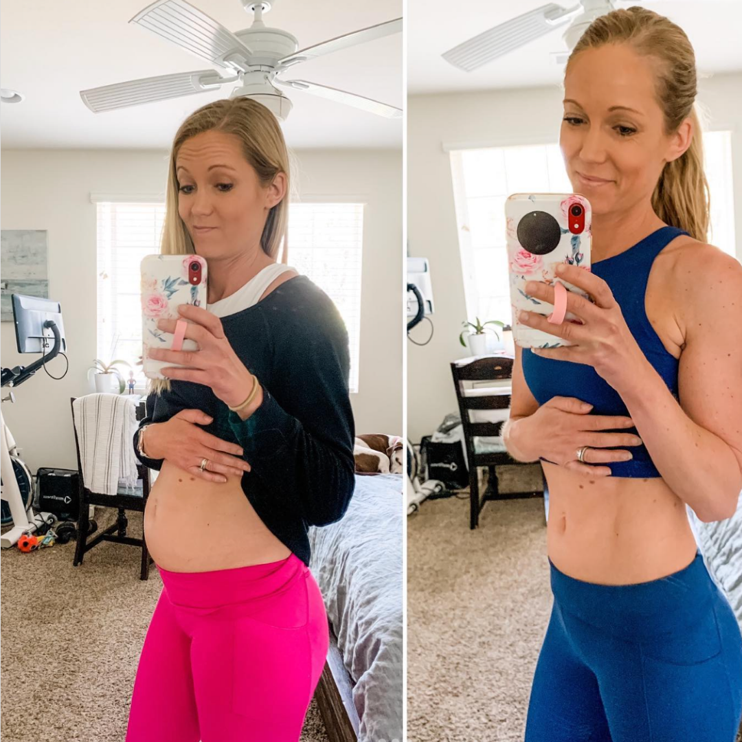 Two side-by-side mirror selfies of a woman in different outfits.