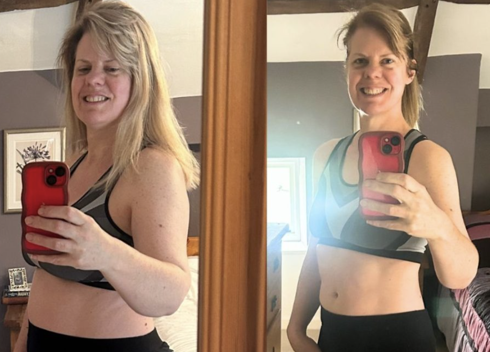Two side-by-side mirror selfies of a woman in athletic wear, smiling and holding a red phone.