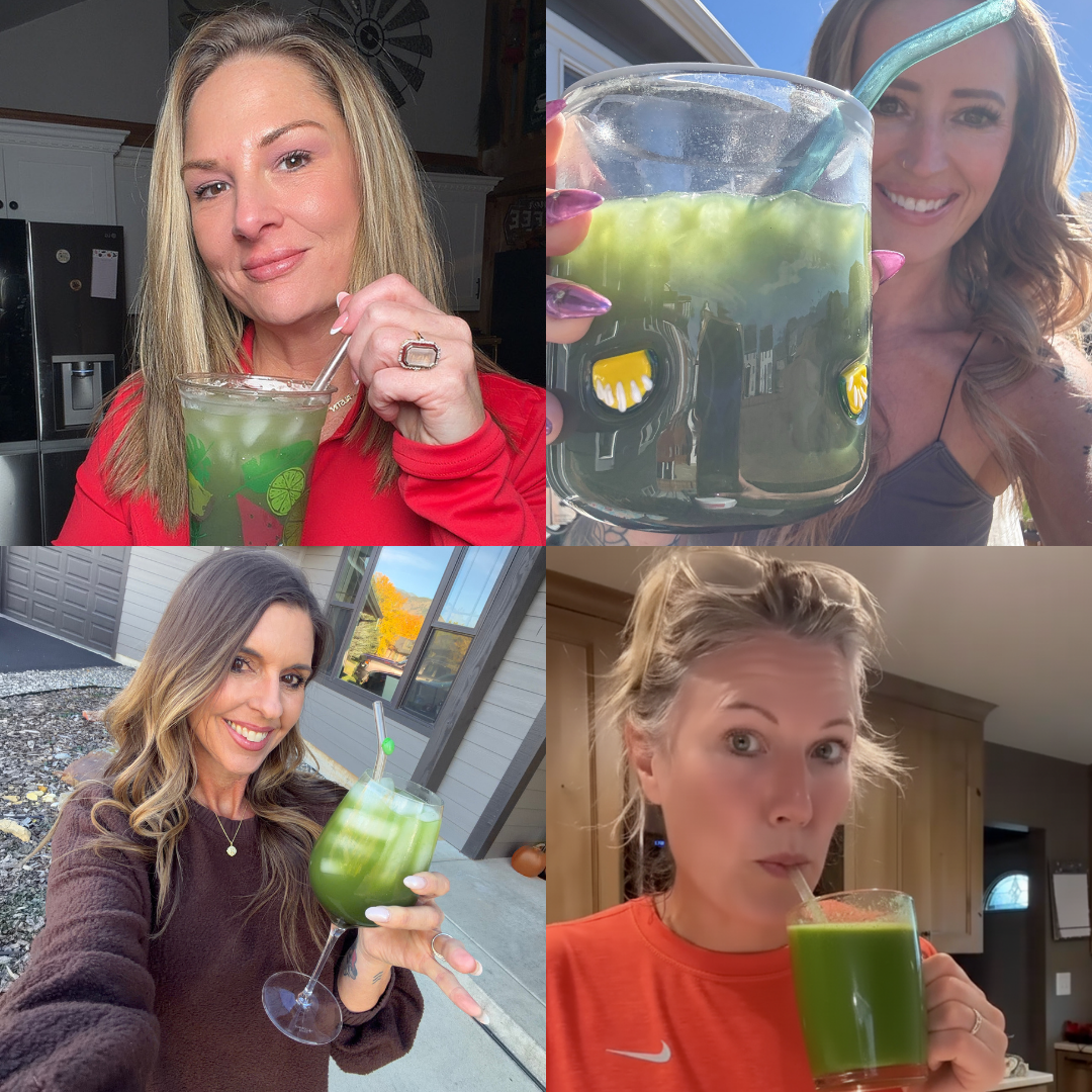 Collage of four women drinking green beverages.