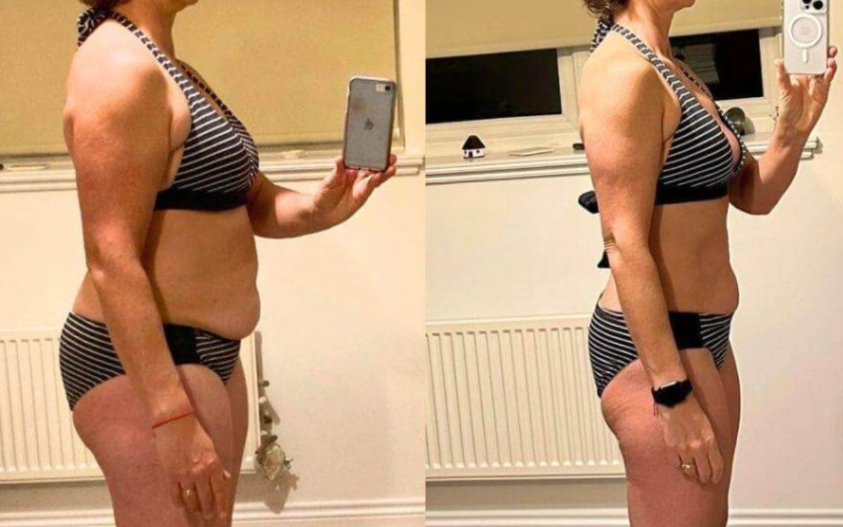 Two side-by-side photos of a person in a striped bikini taking a mirror selfie.