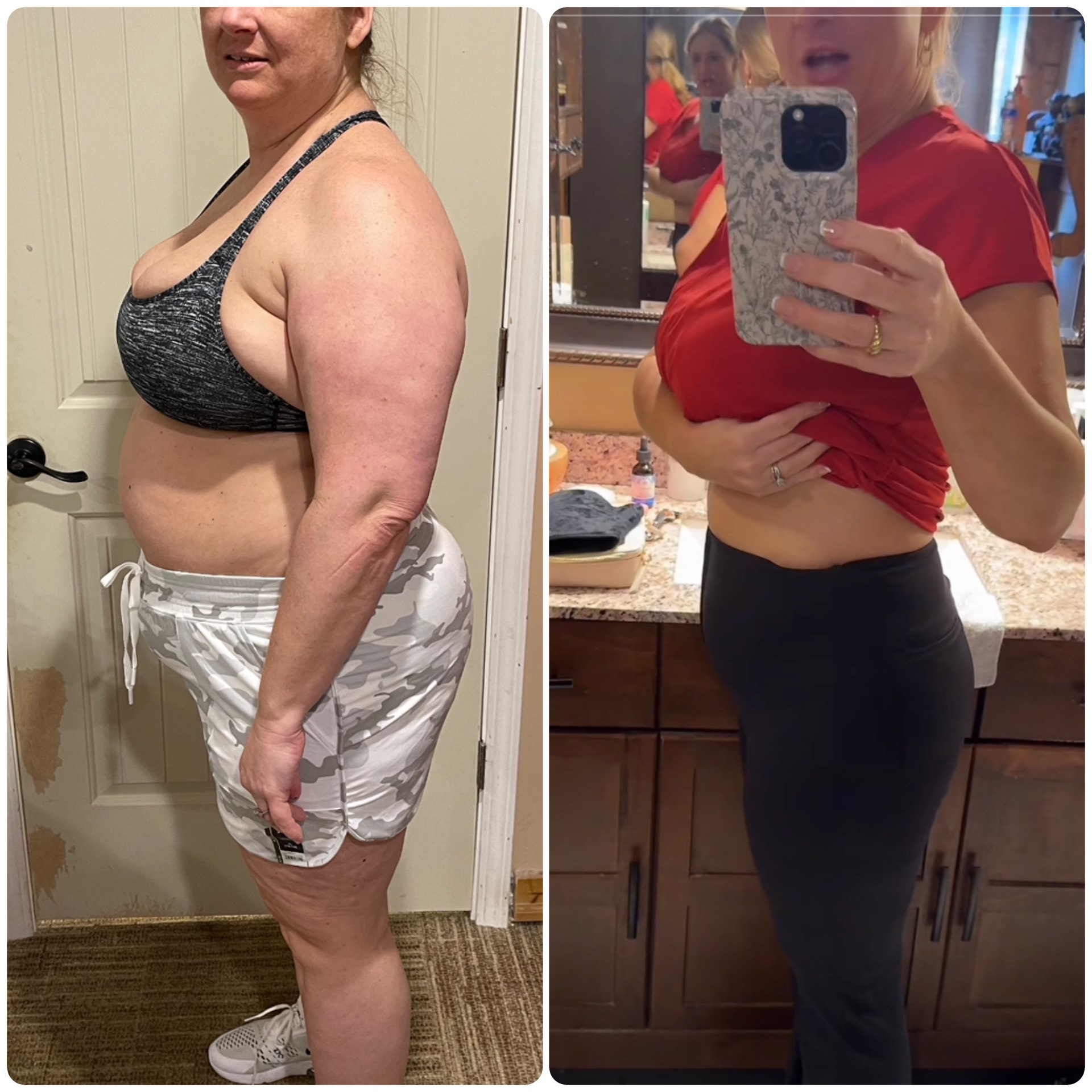 Two side-by-side photos showing a woman's body transformation.