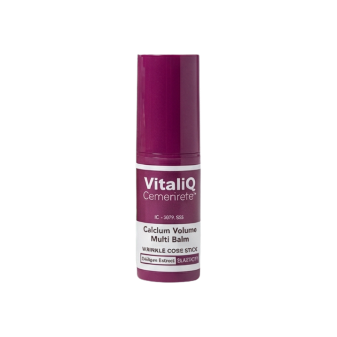 A purple tube of VitaliQ Cemenrete Calcium Volume Multi Balm Wrinkle Cose Stick on a black background.
