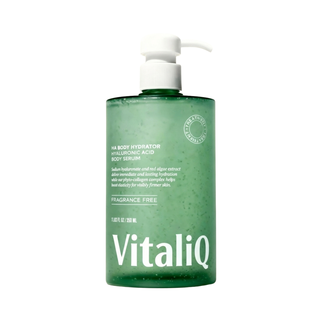 A green pump bottle of VitaliQ HA Body Hydrator Hyaluronic Acid Body Serum on a black background.