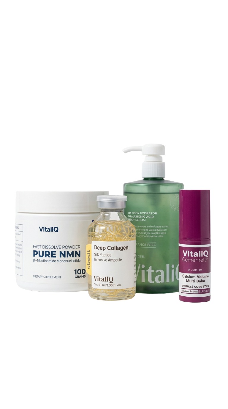 A collection of four VitaliQ brand skincare and supplement products against a plain black background.