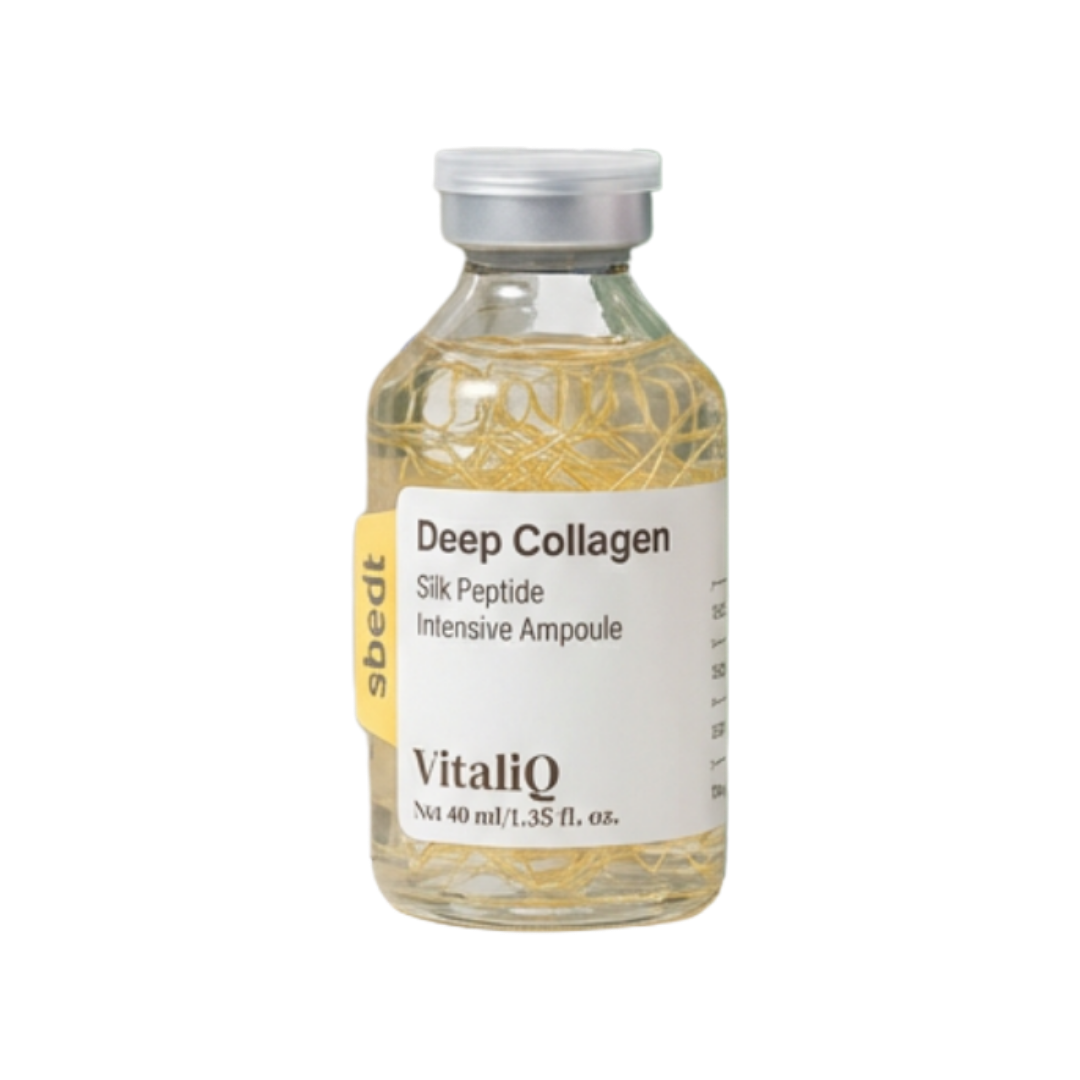 A clear glass vial of VitaliQ Deep Collagen Silk Peptide Intensive Ampoule on a black background.