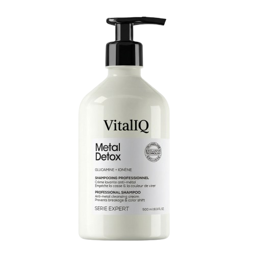 A white bottle of VitalIQ Metal Detox professional shampoo with a black pump dispenser.
