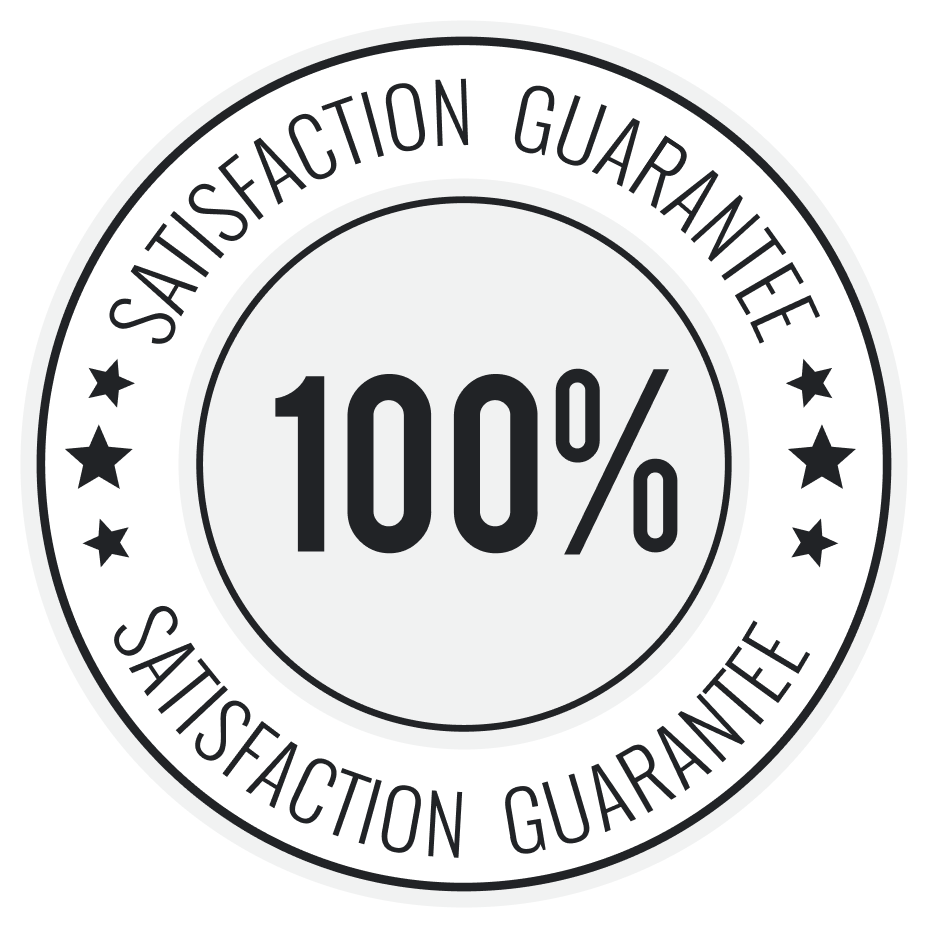 Circular badge with '100% Satisfaction Guarantee' text and stars.