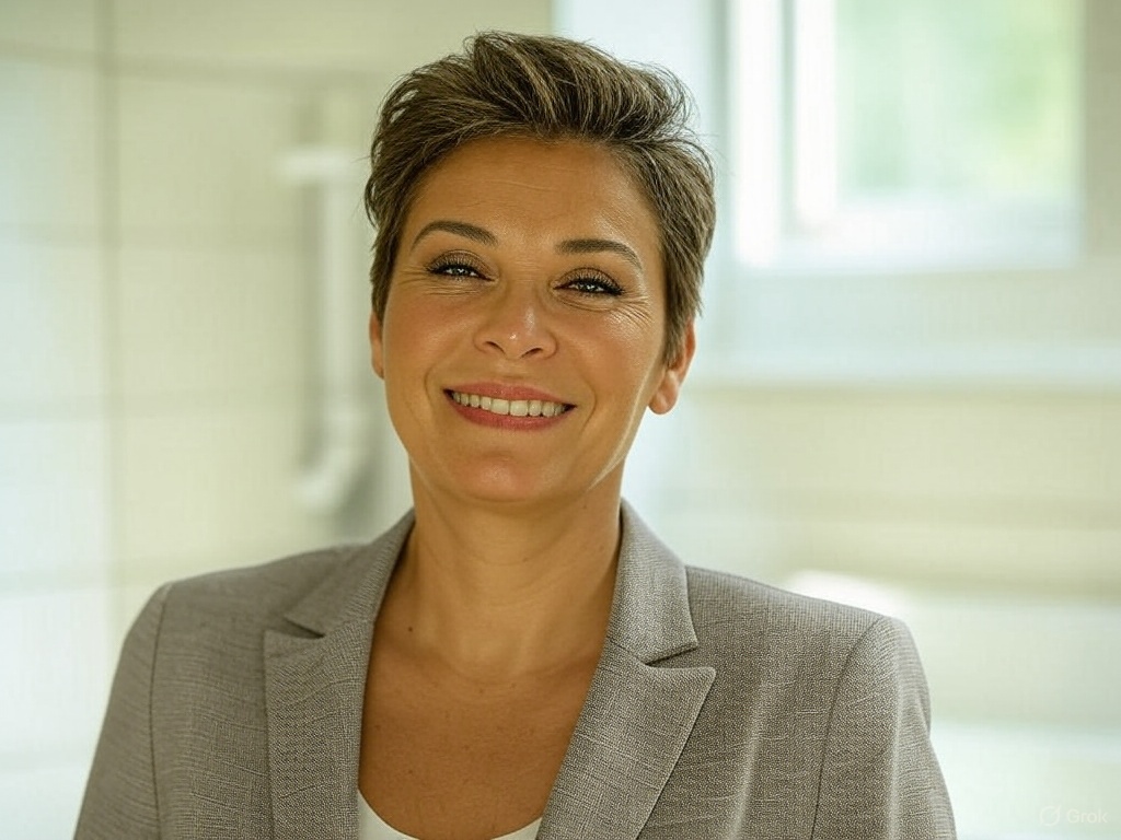 Smiling person in a gray blazer with short hair, standing indoors.