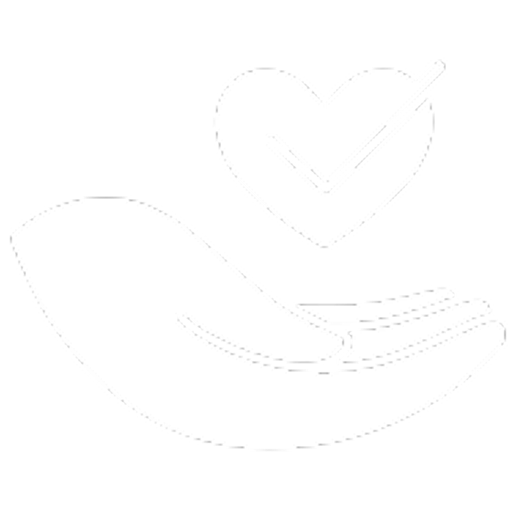White hand icon with a heart and check mark above it on black background.