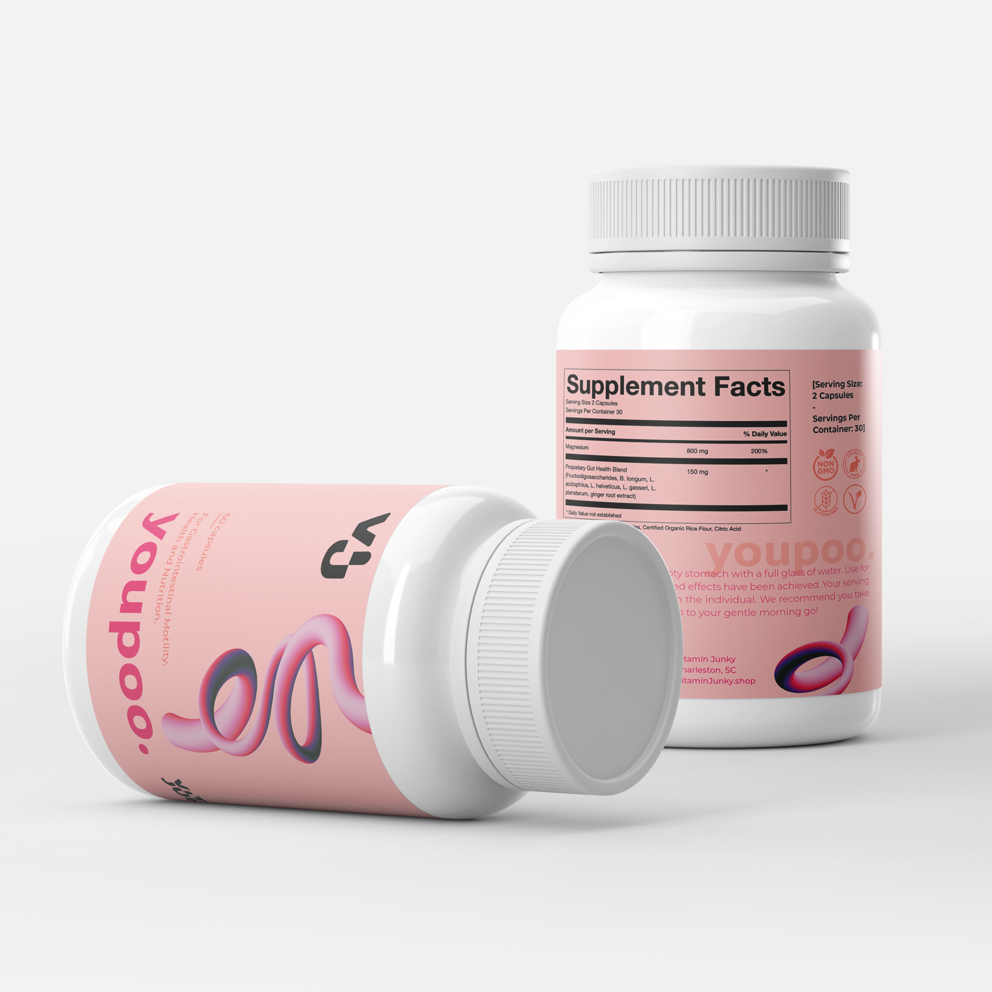 Two white supplement bottles with pink labels and text.