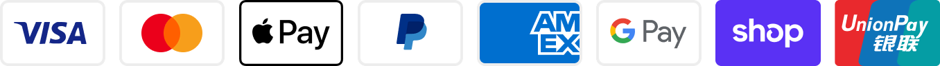 Logos of various payment methods including Visa, Mastercard, Apple Pay, PayPal, Amex, Google Pay, Shop, UnionPay.