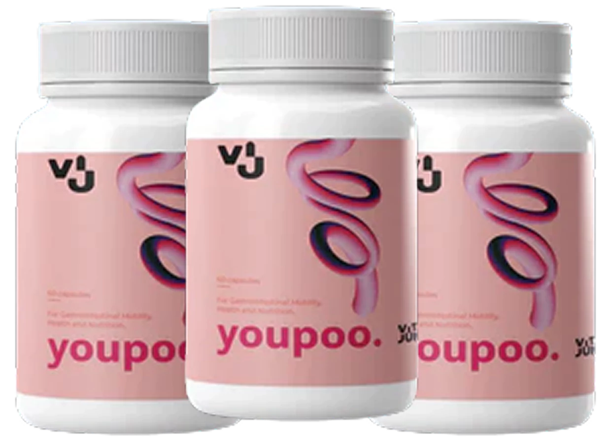 Three bottles with pink labels and the text 'youpoo.'