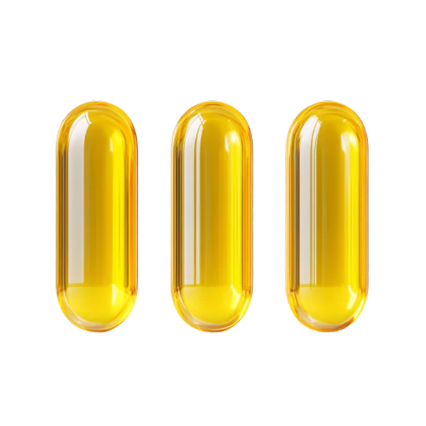 Three yellow translucent capsules on a white background.