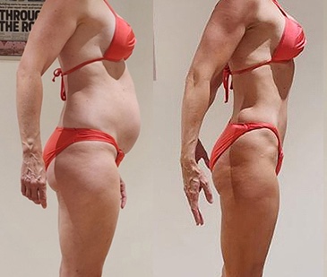 Side-by-side comparison of a person in a red bikini before and after weight loss.