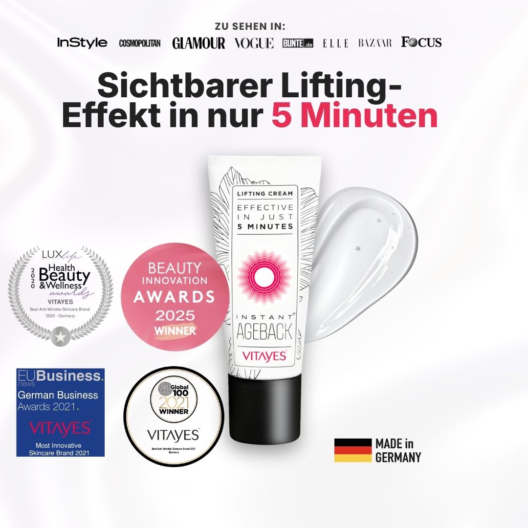 Advertisement for lifting cream with awards and 'Made in Germany' label.