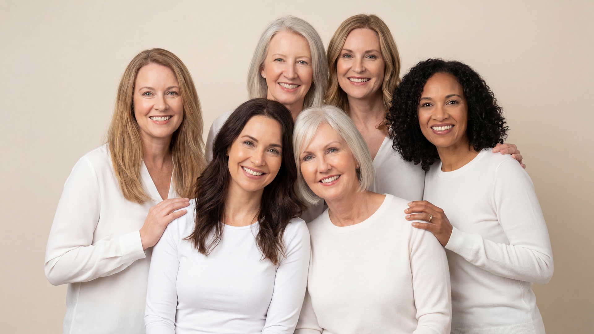 A group of six diverse, smiling women of varying ages dressed in white, posing together.
