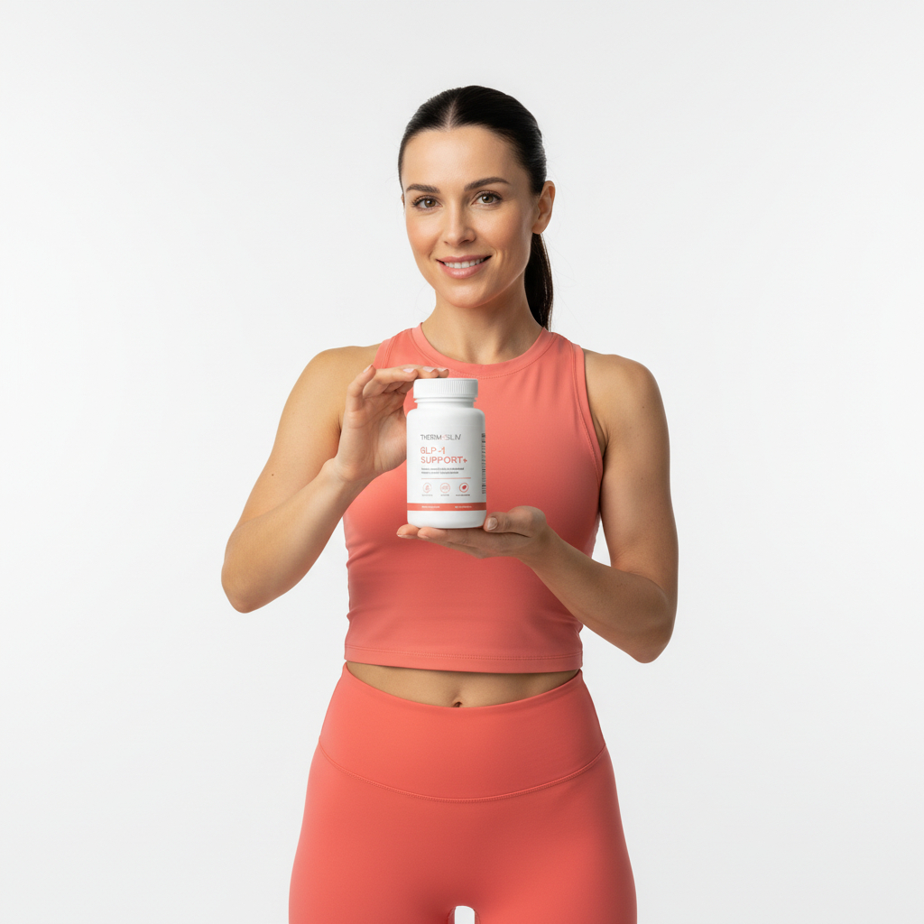 Person in peach workout attire holding a bottle of supplements.