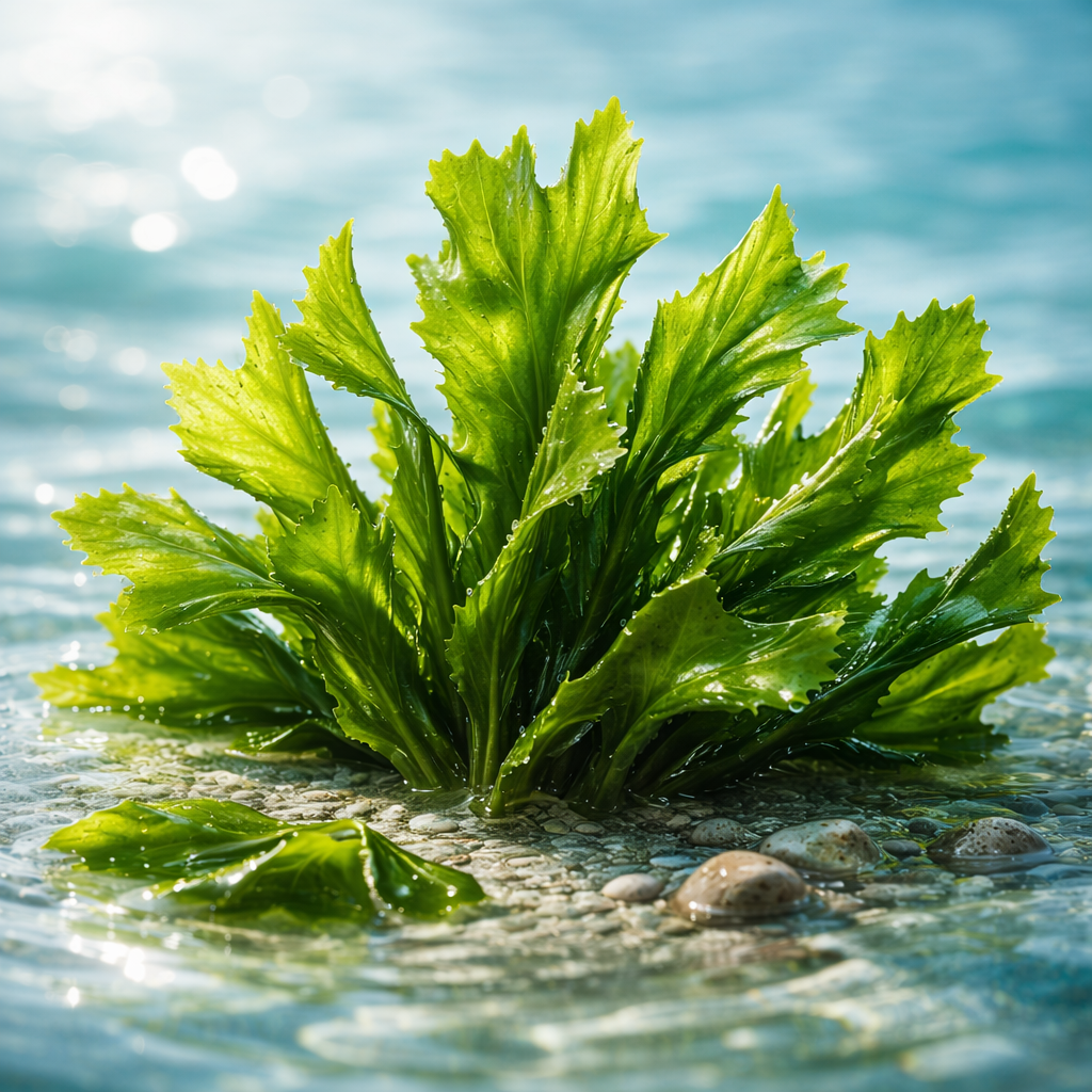 A close-up of a vibrant green leafy plant growing in shallow, clear water over small pebbles.