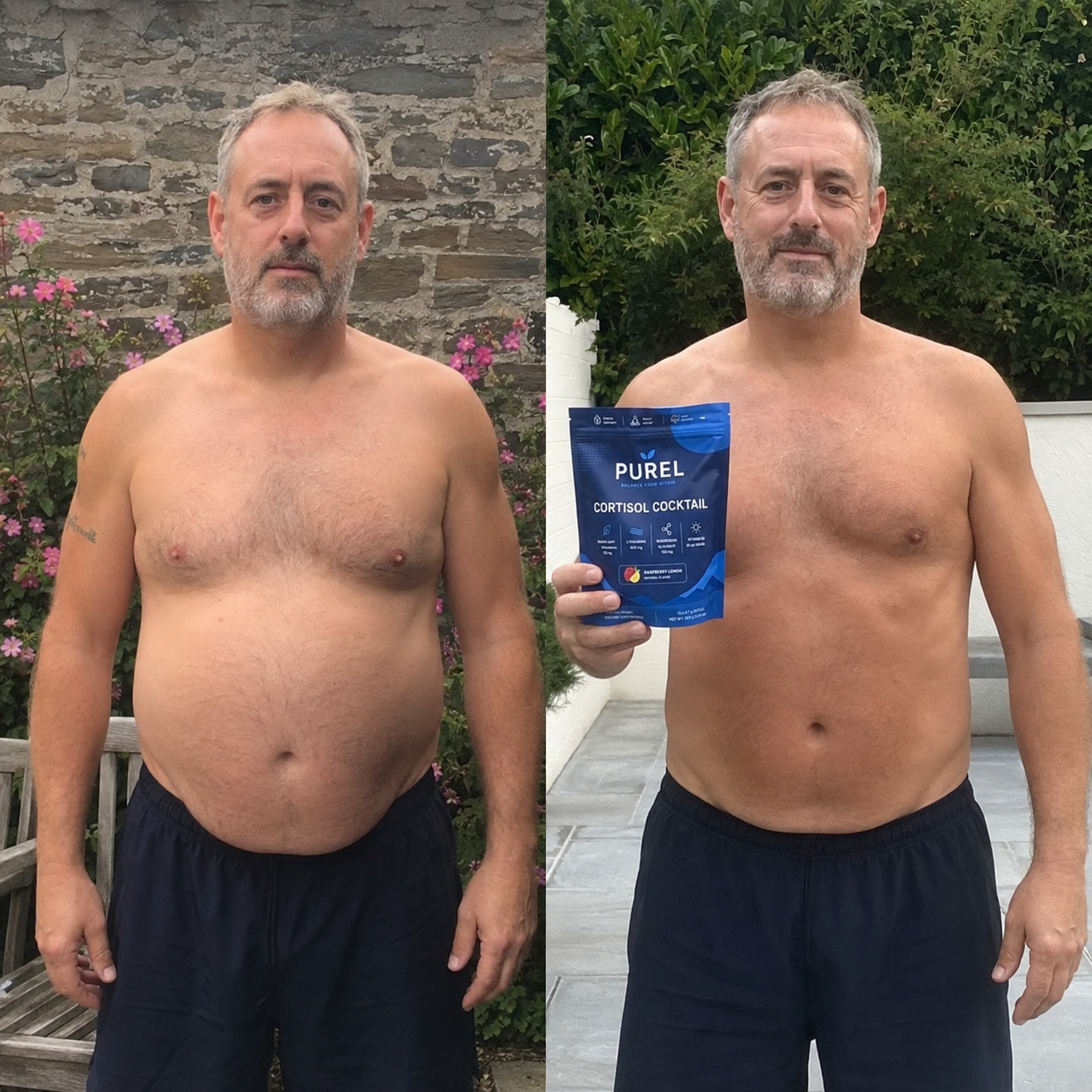 A before and after comparison of a shirtless man, showing a reduction in belly fat in the second image.