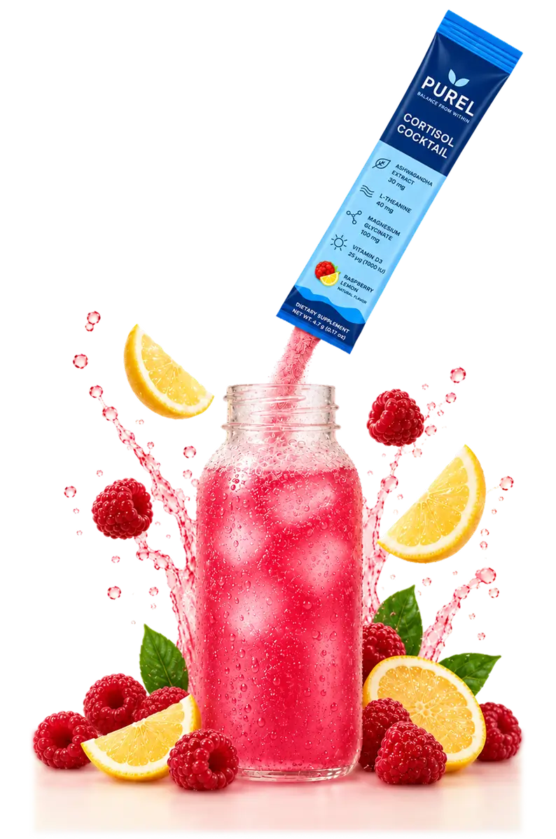 A packet of Purel Cortisol Cocktail powder pours into a glass surrounded by raspberries and lemon wedges.